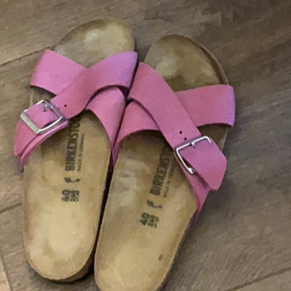 Birkenstock Fuchsia Sandals with Silver Buckles